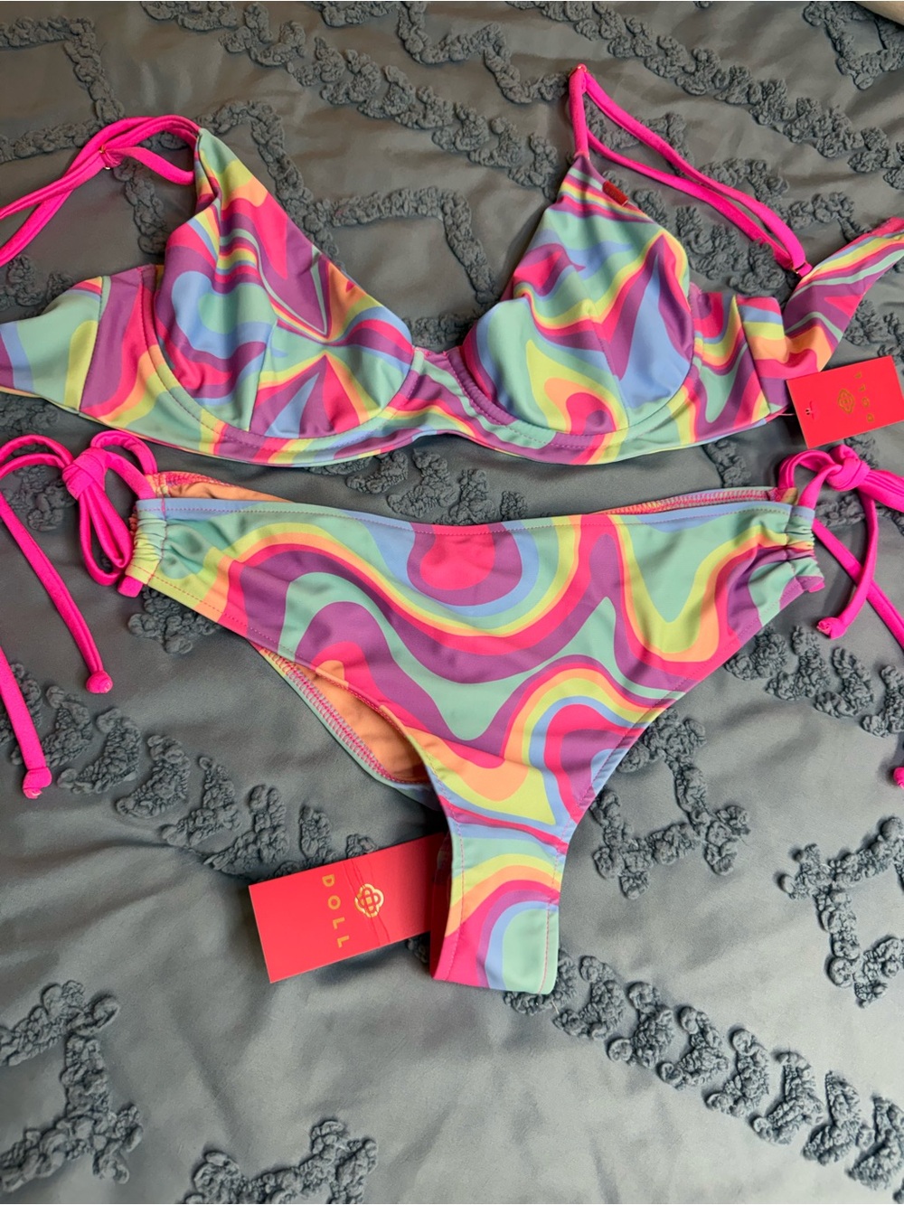 Multicolor Swirl Tie-Side Bikini with Hot Pink Trim
